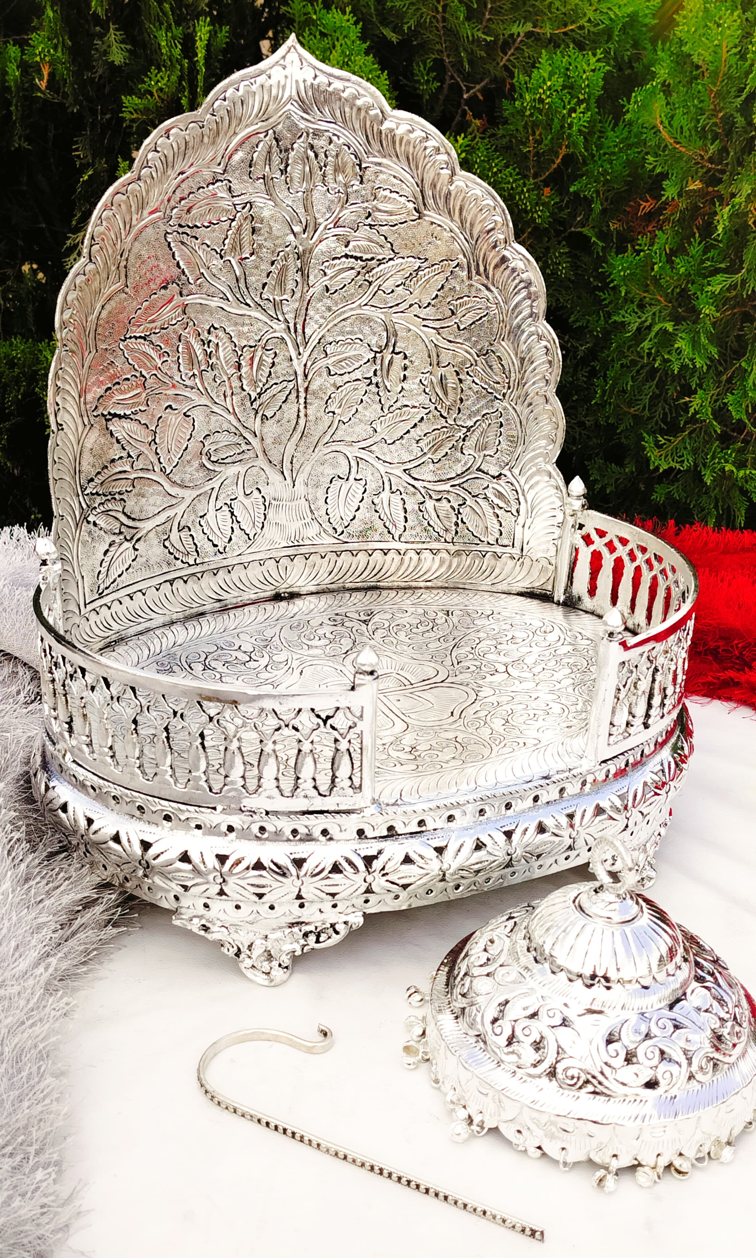 Antique finish German silver singhasan with detachable chatar for idol